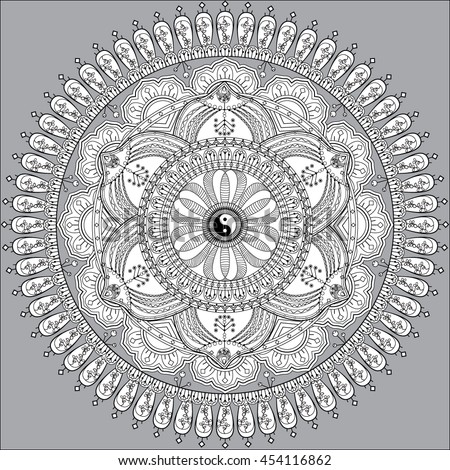 Vector illustration of the mandala for decoration. Hand-drawn ornament  with ethnic floral doodle pattern. Black and white decorative sketch for coloring page, tattoo, poster, print, t-shirt, etc.