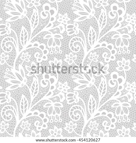 White lace seamless pattern with flowers on grey background