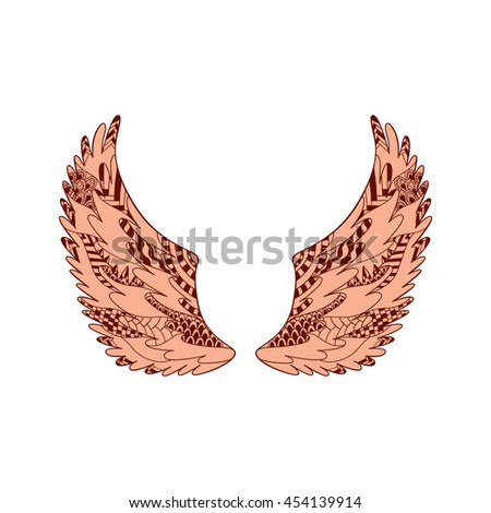 Angel or bird wings ornate silhouette. Vector illustration isolated on white background. Hand drawn  ornamental picture. Zentangle colorful pattern.
