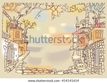 Old street of oriental city.Hand drawn sketchy houses and trees.Middle East traditional architecture style.Religious buildings.Street paved with stone