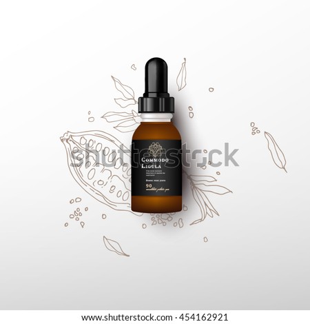 Realistic essential oil brown bottle. Mock up bottle. Cosmetic vial, flask, flacon. Medical bank. Cosmetic dropper-bottle with cocoa fruit background . Prescription bottle with design label Royalty-Free Stock Photo #454162921