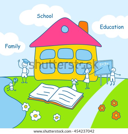 Family stories: school and education. Linear, colored.