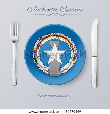 Authentic Cuisine of Northern Mariana Islands. Plate with Flag and Cutlery