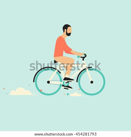 Cool vector character design on adult young man riding bicycles. Stylish male and hipsters on bicycle, side view, isolated

