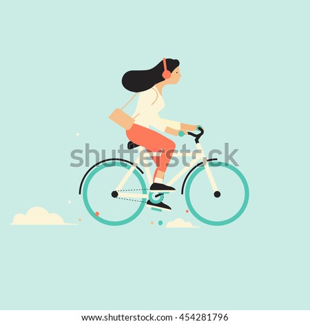 Cool vector character design on adult young woman riding bicycles. Stylish female hipsters on bicycle, side view, isolated