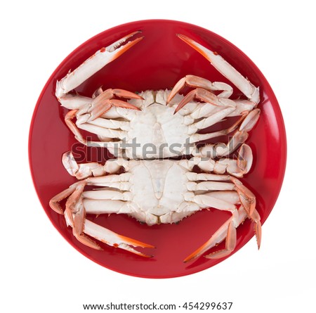 cooked crab prepared on red plate isolated on white background
