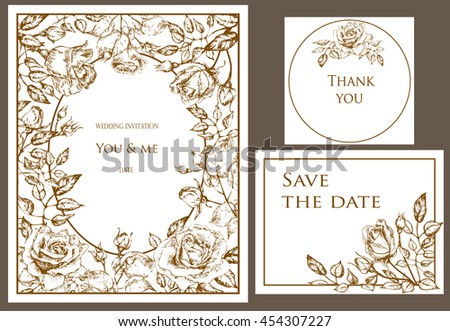  Wedding set. Menu, save the date, guest card.  flowers rose with buds and leaves, elegant, tender style. Hand drawn invitation