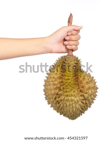 hand holding Durian Fruits isolated on white background.