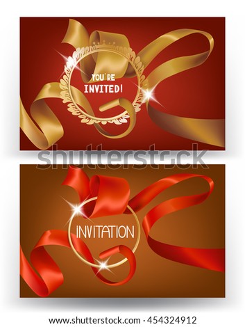 Invitation card with curled silk ribbon, scissors and gold frame. Vector illustration