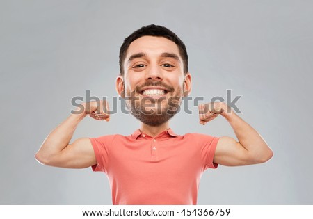 power, fitness, strength, sport and people concept - happy smiling young man showing biceps over gray background (funny cartoon style character with big head)