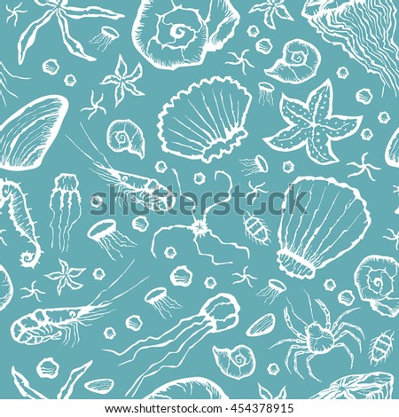 Vector with hand made seamless sea creatures pattern 