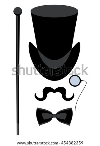 Vintage silhouette of top hat, mustaches, monocle, cane and a bow tie. Cartoon flat vector illustration. Objects isolated on a white background.
