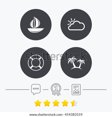 Travel icons. Sail boat with lifebuoy symbols. Cloud with sun weather sign. Palm tree. Chat, award medal and report linear icons. Star vote ranking. Vector