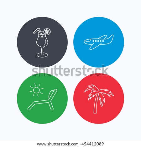 Airplane, deck chair and cocktail icons. Palm tree linear sign. Linear icons on colored buttons. Flat web symbols. Vector