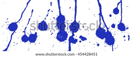 Blue ink splash, stains, strokes and blots on white. Paint Splatter Background. Vector illustration. Abstract grunge template. 