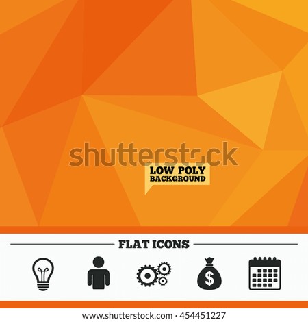 Triangular low poly orange background. Business icons. Human silhouette and lamp bulb idea signs. Dollar money bag and gear symbols. Calendar flat icon. Vector