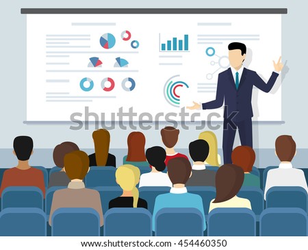 Business seminar speaker doing presentation and professional training about marketing, sales and e-commerce. Flat vector illustration of presentation conference and motivation for business audience Royalty-Free Stock Photo #454460350