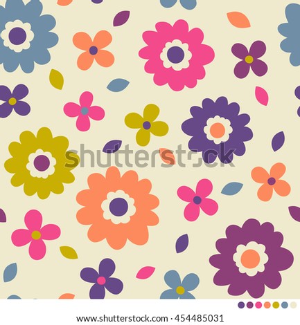Cute colorful flower and leaf pattern vector background