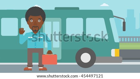 An african-american young man standing at the entrance door of a bus on a city background. Young man waving in front of a bus. Vector flat design illustration. Horizontal  layout.