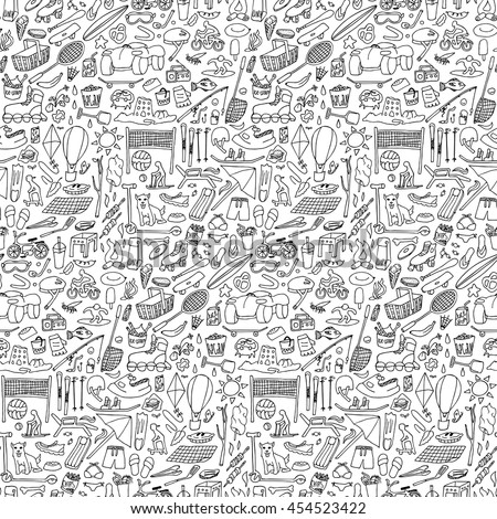 Hand drawn rest seamless pattern. Sport and holiday doodle elements wallpaper