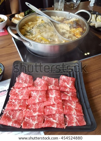 Taiwan style Hot Pot and Buffet, Fufu shabu and buffet, Thailand
Hot pot refers to several East Asian varieties of stew, consisting of a simmering metal pot of stock at the center of the dining table.
