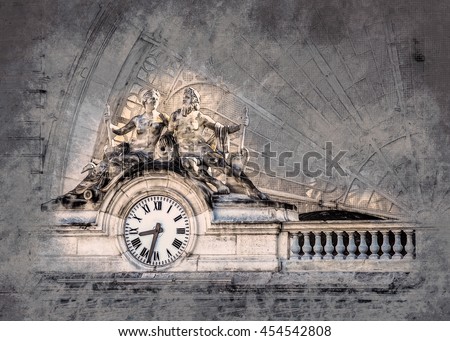 Clock on the facade of Gare de l'Est Eastern railway station , Paris, France. Vintage painting, background illustration, beautiful picture, travel texture