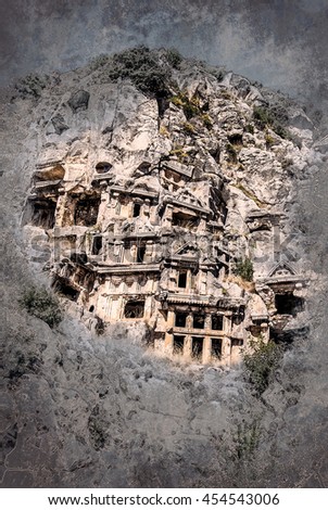 ancient city of Myra, Antalya, Turkey. Vintage painting, background illustration, beautiful picture, travel texture