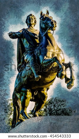 Bronze Horseman, equestrian statue of Peter the Great, Saint Petersburg, Russia. Vintage painting, background illustration, beautiful picture, travel texture