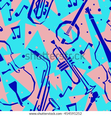  Musical instruments seamless pattern. Jazz background