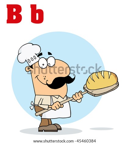 Funny Cartoons Alphabet-Male Baker With Letters B