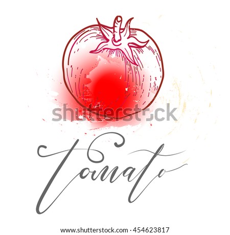 Graphic drawing tomatoes with calligraphic inscription on a black background
