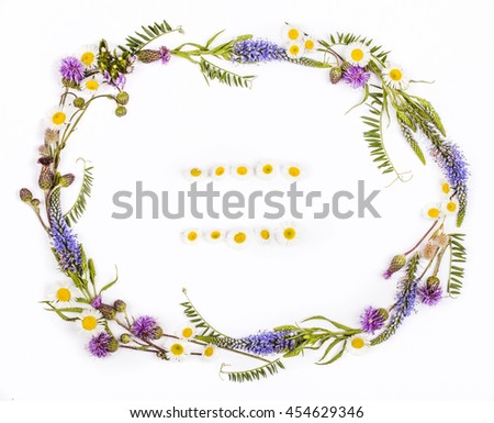 Round frame from wildflowers on white background. Top view. Flat lay.