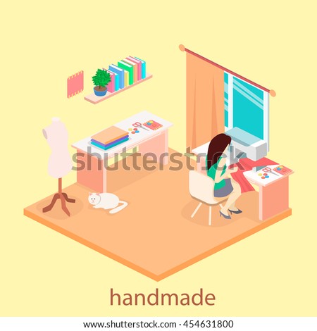 woman sews on the sewing machine. Isometric room interior. Flat 3D object.