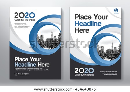 Blue Color Scheme with City Background Business Book Cover Design Template in A4. Easy to adapt to Brochure, Annual Report, Magazine, Poster, Corporate Presentation, Portfolio, Flyer, Banner, Website. Royalty-Free Stock Photo #454640875