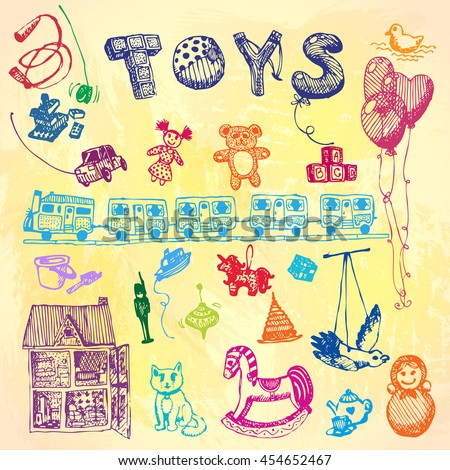 Doodle hand drawn toys. Colored illustration, watercolor background. Design, shop, ad, child, kindergarten, elementary school.