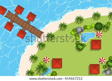Aerial scene of huts and beach illustration