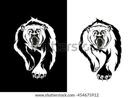 2 Bear walking vector illustration monochrome. Logo design