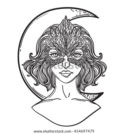 Vector illustration of girl with hawk mask and month. suitable for coloring book