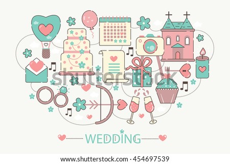 Modern graphic flat line design style infographics concept of Wedding with icons, for website, presentation and greeting card.