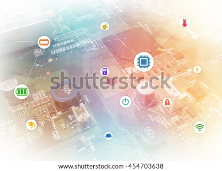 wired icons of various electric component or function and background of electric circuit board, abstract image visual
