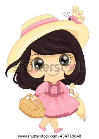 Illustration of a Little Girl in a Pink Dress Going to a Picnic