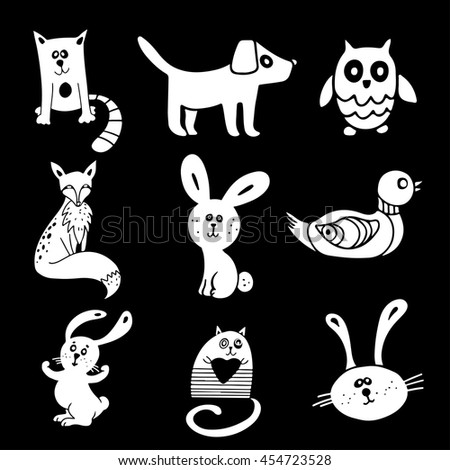Animals, birds. Cat, dog, fox, rabbit, owl, duck. Cartoon white hand drawn set isolated on black board background
