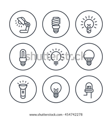 light bulbs line icons in circles, LED, CFL, fluorescent, halogen, lamp, flashlight Royalty-Free Stock Photo #454742278