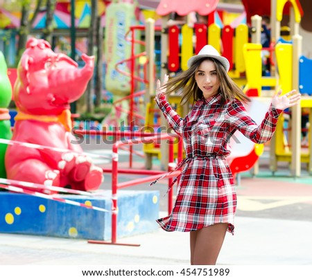 Young woman. Street photo of beautiful woman. Woman over color full background, outdoor photo.