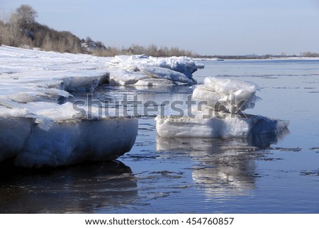 landscape close-up large ice floes on the river against the blue sky on a sunny day in early spring 