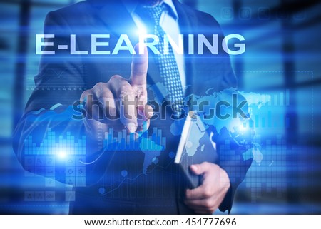 Woman is using tablet pc, pressing on virtual screen and select "E-learning".