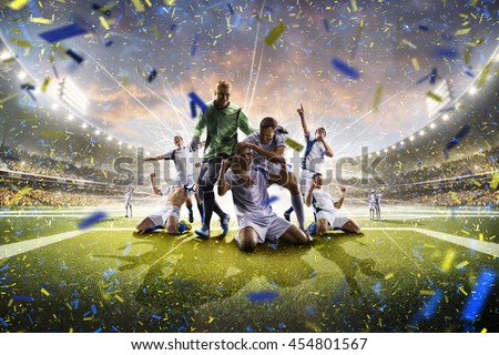 Collage adult soccer players in action on stadium panorama Royalty-Free Stock Photo #454801567