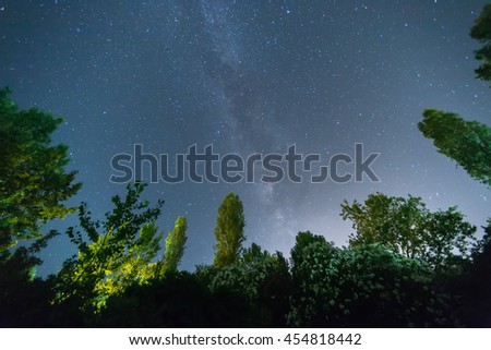 The starry sky and the Milky Way. Image contain noise, blur due to slow shutter speed.