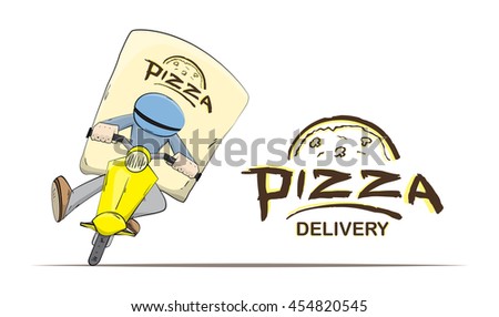 Vector illustration: Scene with Isolated courier on scooter and lettering on white background. Cartoon pizza delivery.