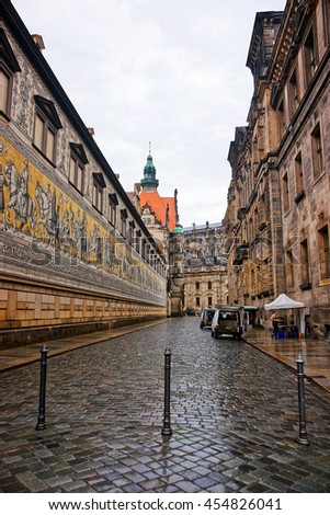 Furstenzug in Dresden of Germany. It is also called Procession of Princes. It is a large painting on the wall.